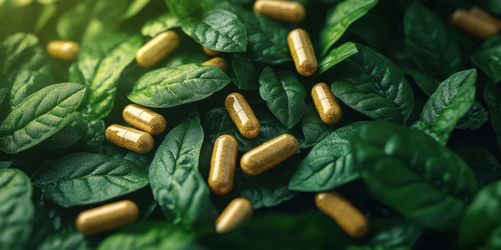 Herbal supplements on green leaves showcasing a natural alternative to wellness during morning light